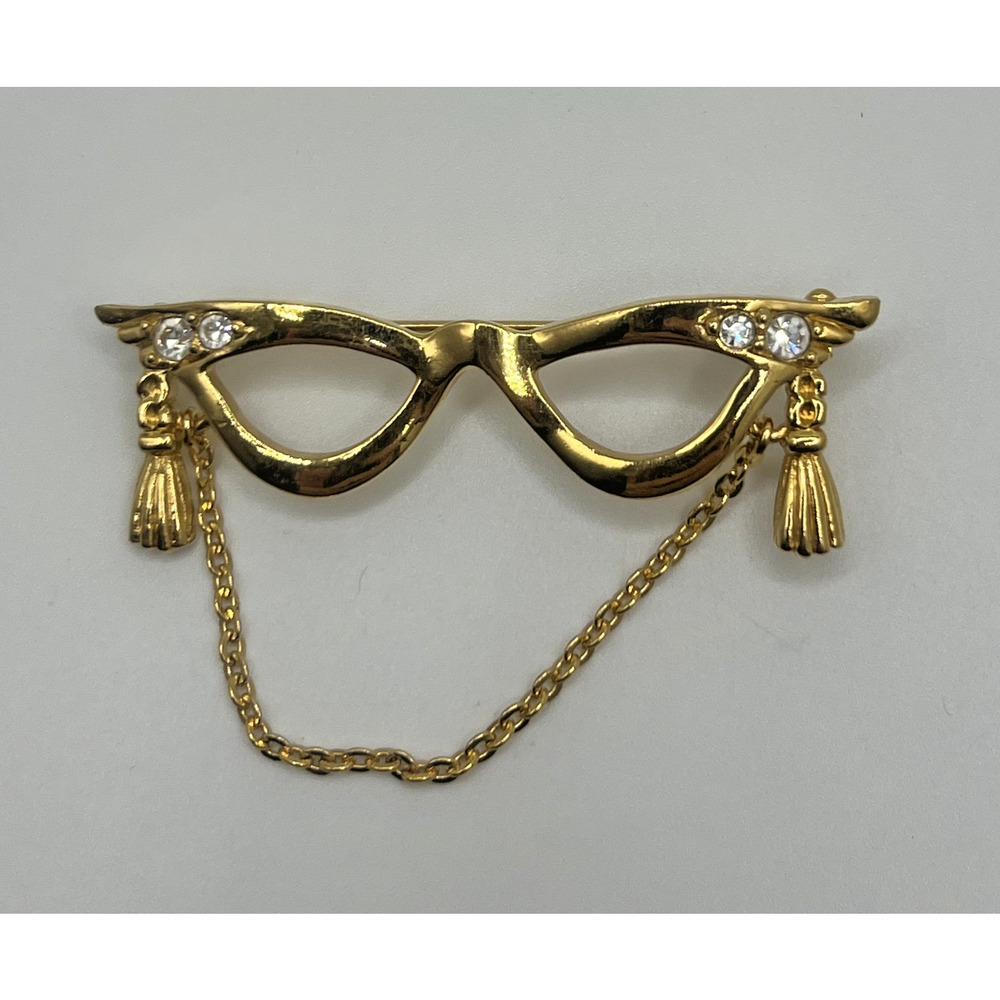 Vintage Avon Gold Tone Cat's Eye Glasses Tassels Chain Costume Fun Brooch